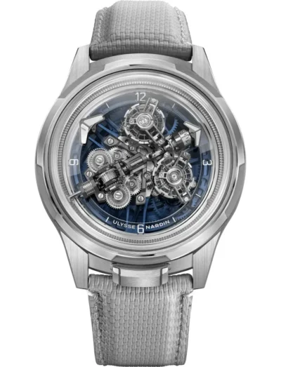 Ulysse Nardin Super Freak wristwatch with 18k white gold case, and grey rubber strap.