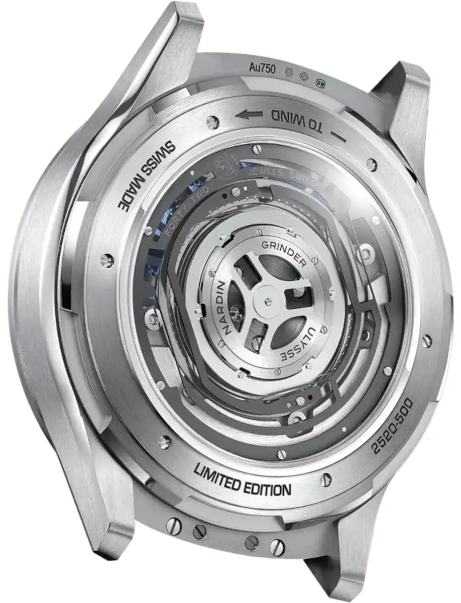 Back view of Ulysse Nardin Super Freak wristwatch with 18k white gold case, and grey rubber strap.