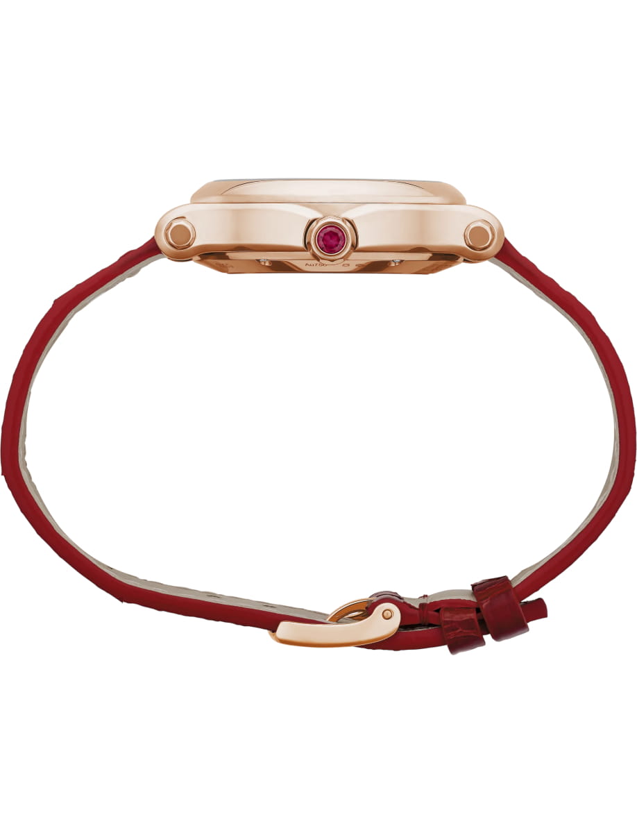 Side view of Chopard wristwatch with 18K ethical rose gold case, silver dial and alligator leather strap
