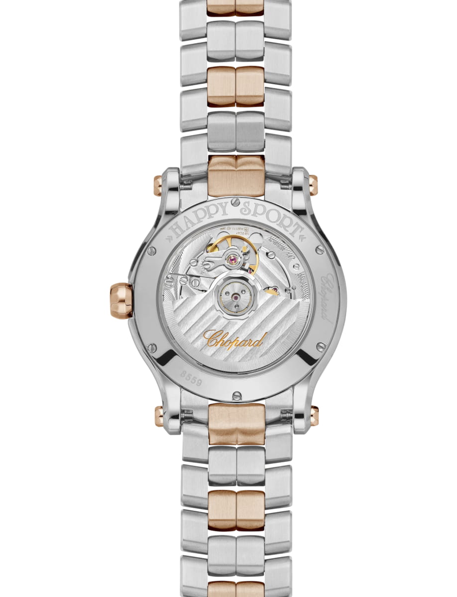 Back view of Chopard wristwatch with 18K ethical rose gold and stainless steel case and bracelet and silver dial