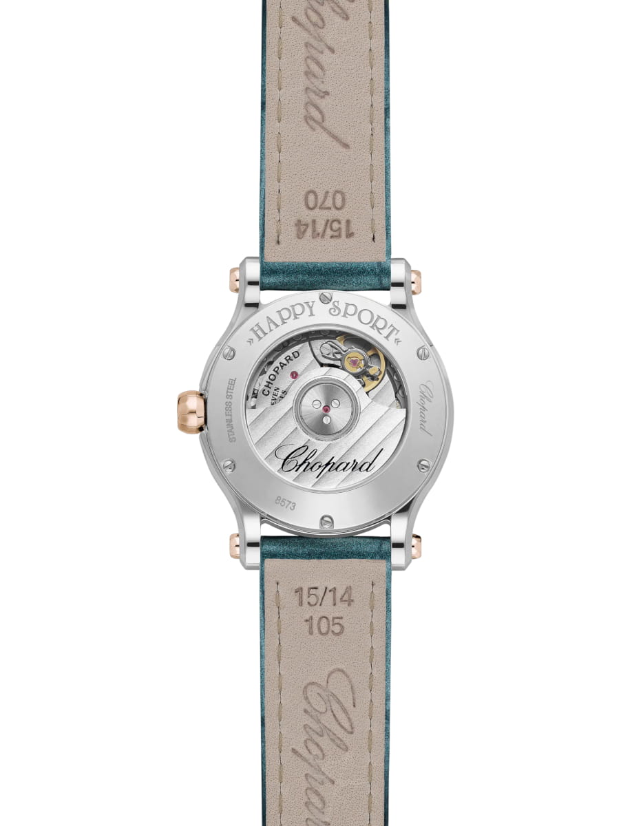 Back view of Chopard wristwatch with stainless steel case, teal dial and alligator leather strap