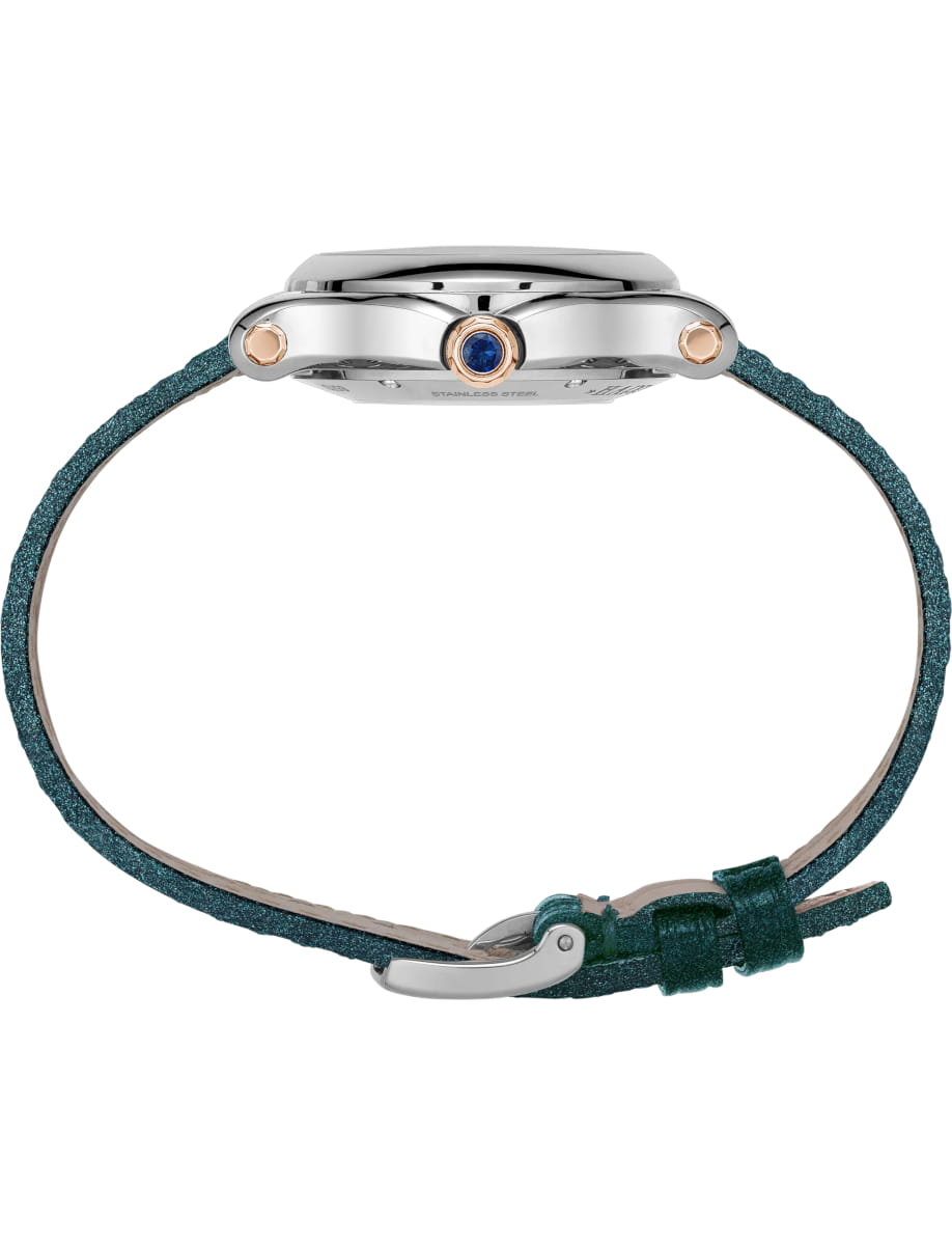 Side view of Chopard wristwatch with stainless steel case, teal dial and alligator leather strap