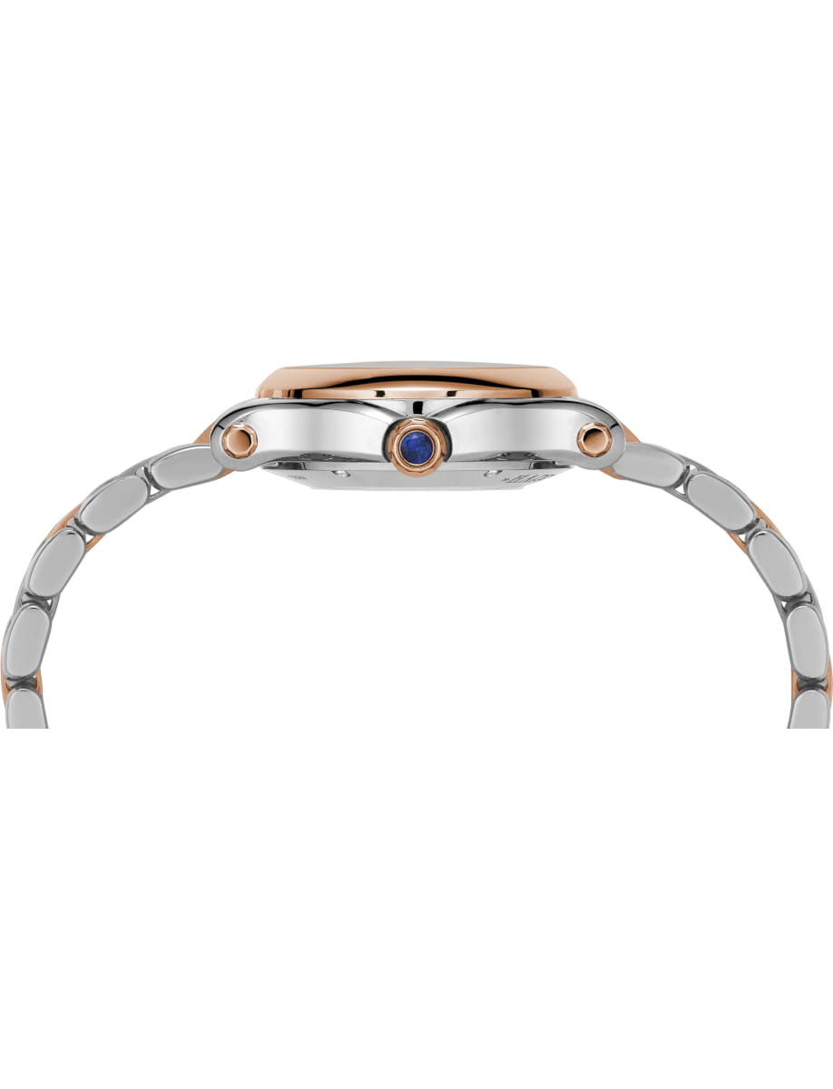 Side view of Chopard wristwatch with 18K ethical rose gold and stainless steel case and bracelet and silver dial