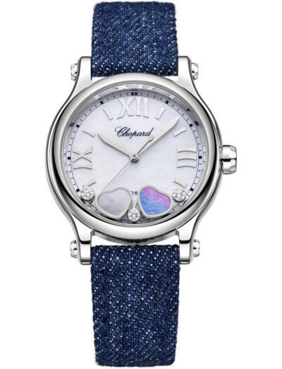 Chopard wristwatch with stainless steel case, mother of pearl dial and navy blue denim strap