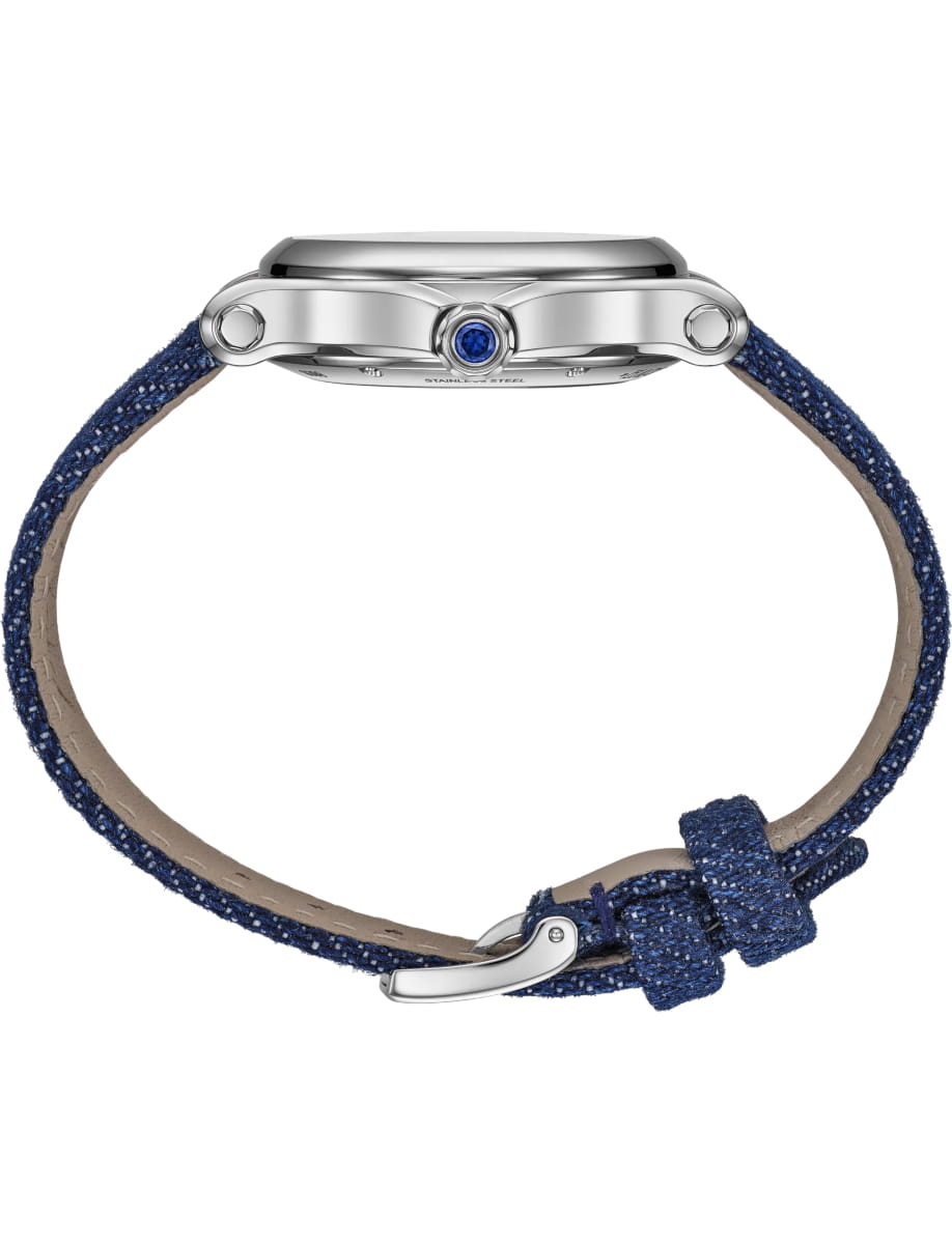 Side view of Chopard wristwatch with stainless steel case, mother of pearl dial and navy blue denim strap