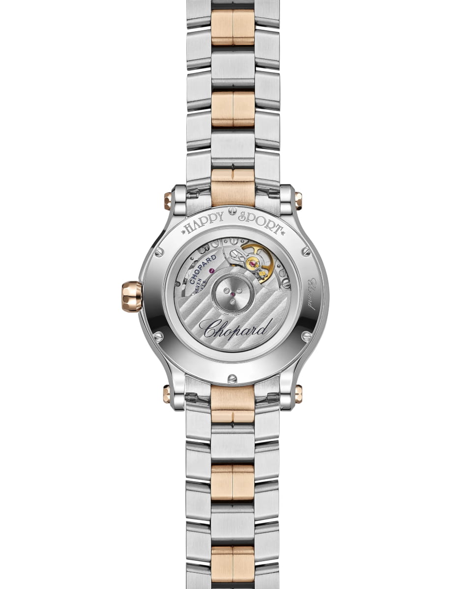 Back view of Chopard wristwatch with 18K ethical rose gold and stainless steel case and bracelet and silver dial