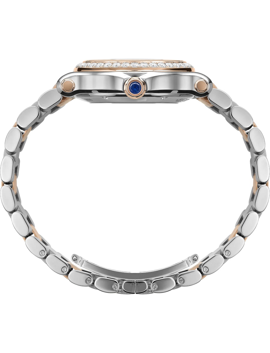 Side view of Chopard wristwatch with 18K ethical rose gold and stainless steel case and bracelet and silver dial