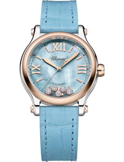 Chopard wristwatch with 18K ethical rose gold and stainless steel case, turquoise textured mother-of-pearl dial and blue aligator leather strap