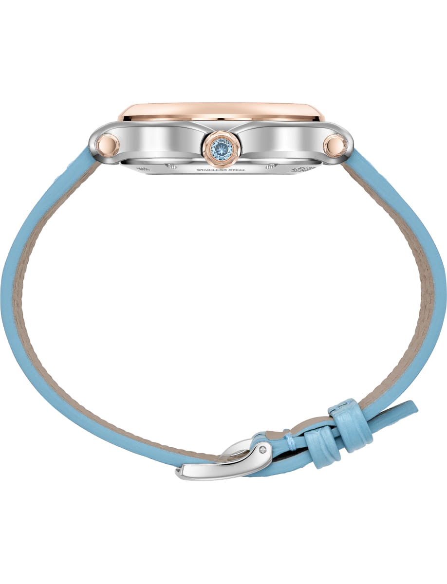Side view of Chopard wristwatch with 18K ethical rose gold and stainless steel case, turquoise textured mother-of-pearl dial and blue aligator leather strap
