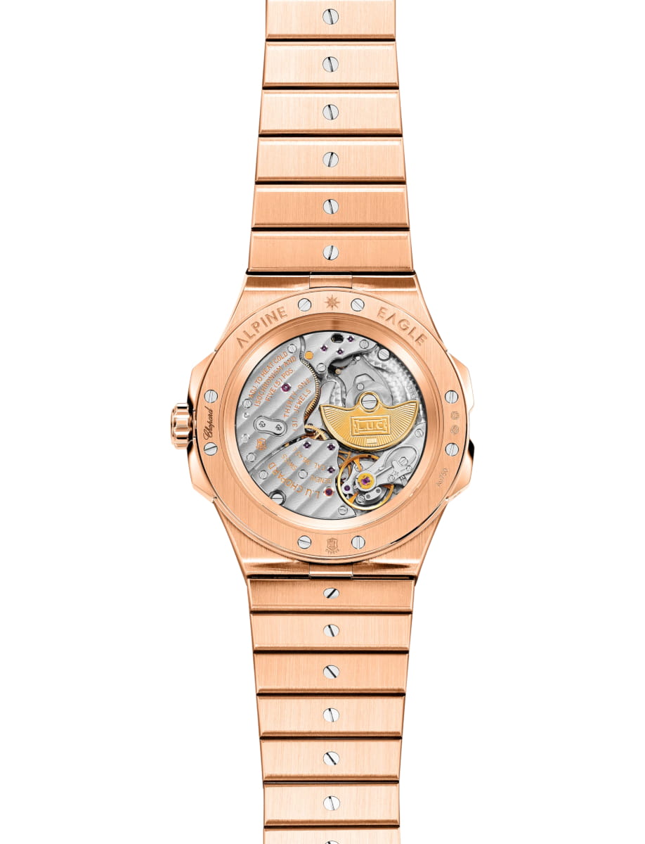 Back view of Chopard wristwatch with 18K ethical rose gold case and bracelet and brown color dial