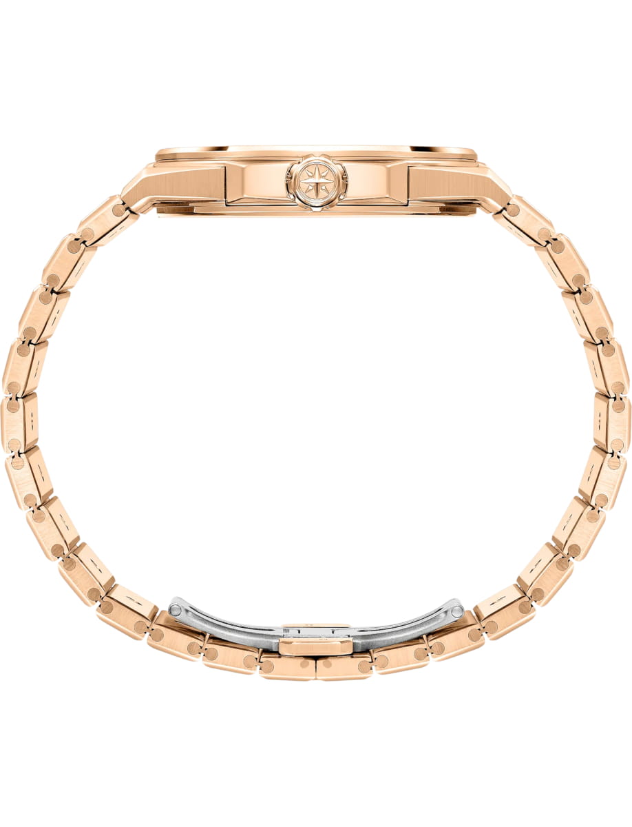 Side view of Chopard wristwatch with 18K ethical rose gold case and bracelet and brown color dial