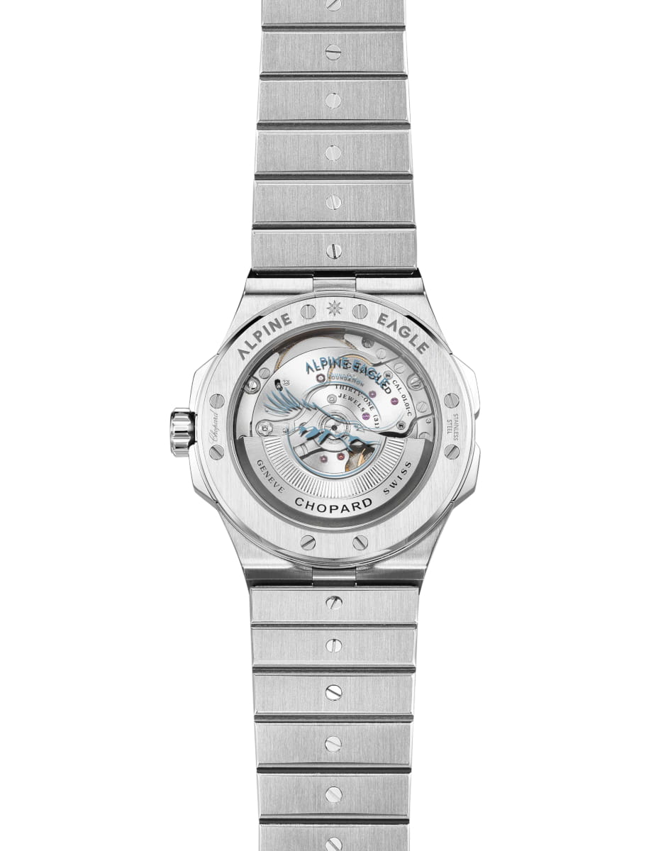 Back view of Chopard wristwatch with stainless steel case and bracelet and Rhone Blue dial