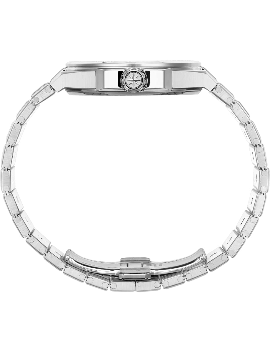 Side view of Chopard wristwatch with stainless steel case and bracelet and Rhone Blue dial