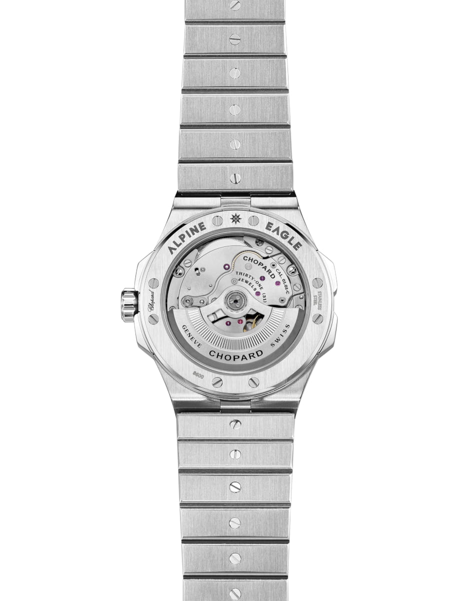 Back view of Chopard wristwatch with stainless steel case and bracelet and moss green dial