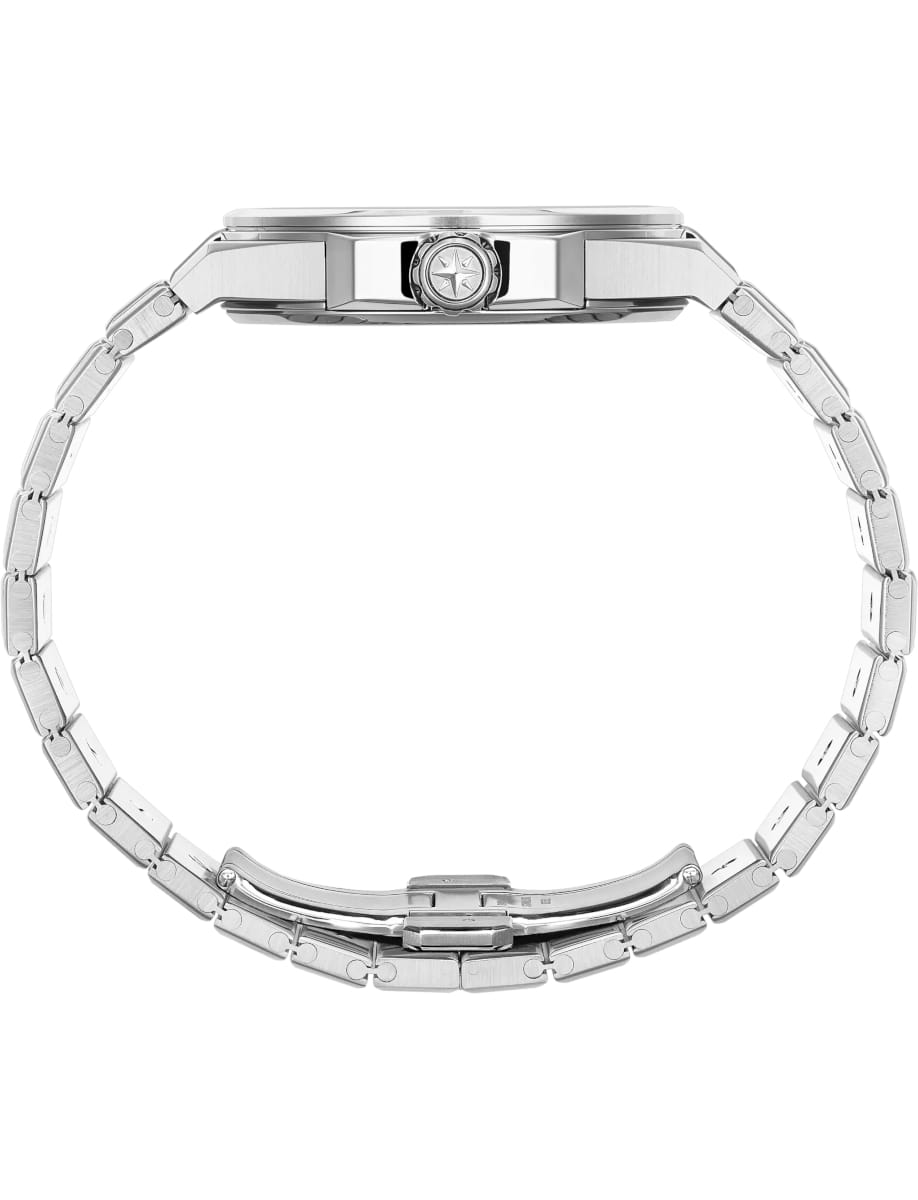 Side view of Chopard wristwatch with stainless steel case and bracelet and Rhone Blue dial
