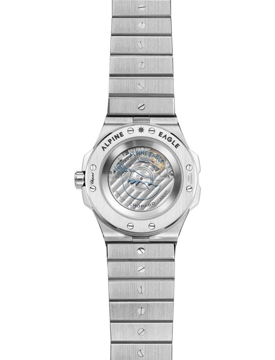 Back view of Chopard wristwatch with stainless steel case and bracelet and Rhone Blue dial