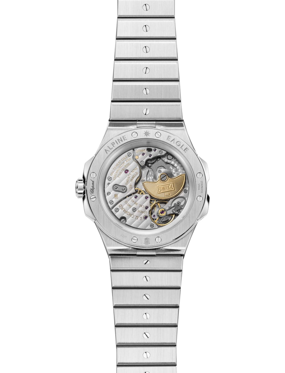 Back view of Chopard wristwatch with stainless steel case and bracelet and ivory dial