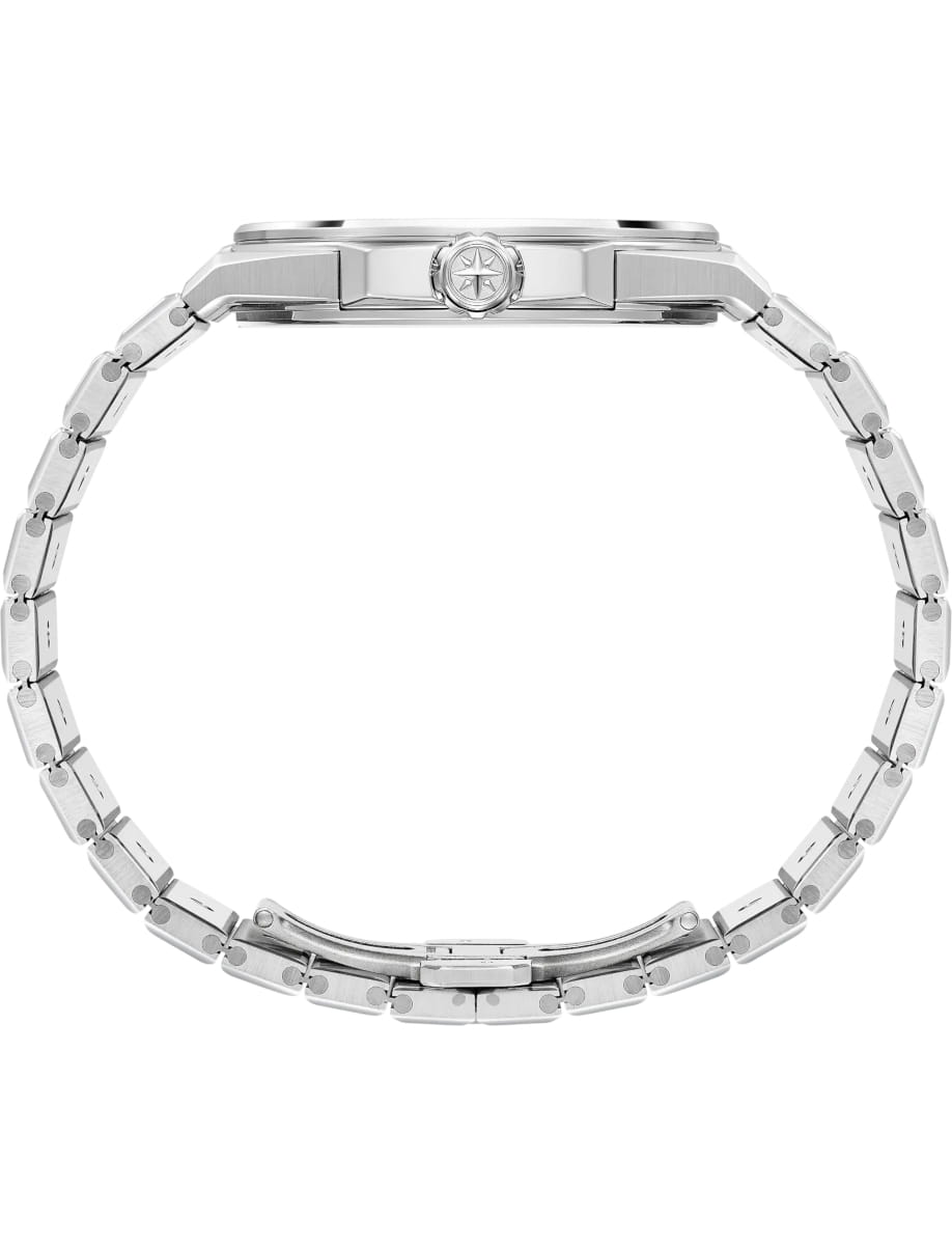 Side view of Chopard wristwatch with stainless steel case and bracelet and ivory dial