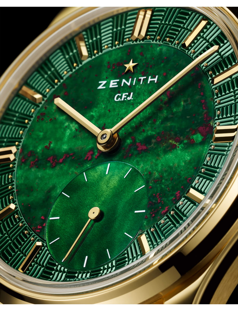 Close view of Zenith G.F.J. wristwatch with 18k yellow gold case, bloodstone dial, and beige nubuck alligator leather strap.