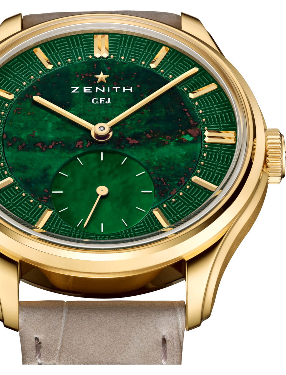 Front view of Zenith G.F.J. wristwatch with 18k yellow gold case, bloodstone dial, and beige nubuck alligator leather strap.