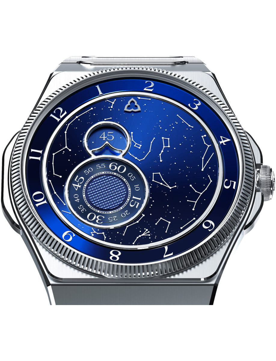 Close view of Trilobe wristwatch with 316L stainless steel automatic watch with a customizable sky, and metal bracelet