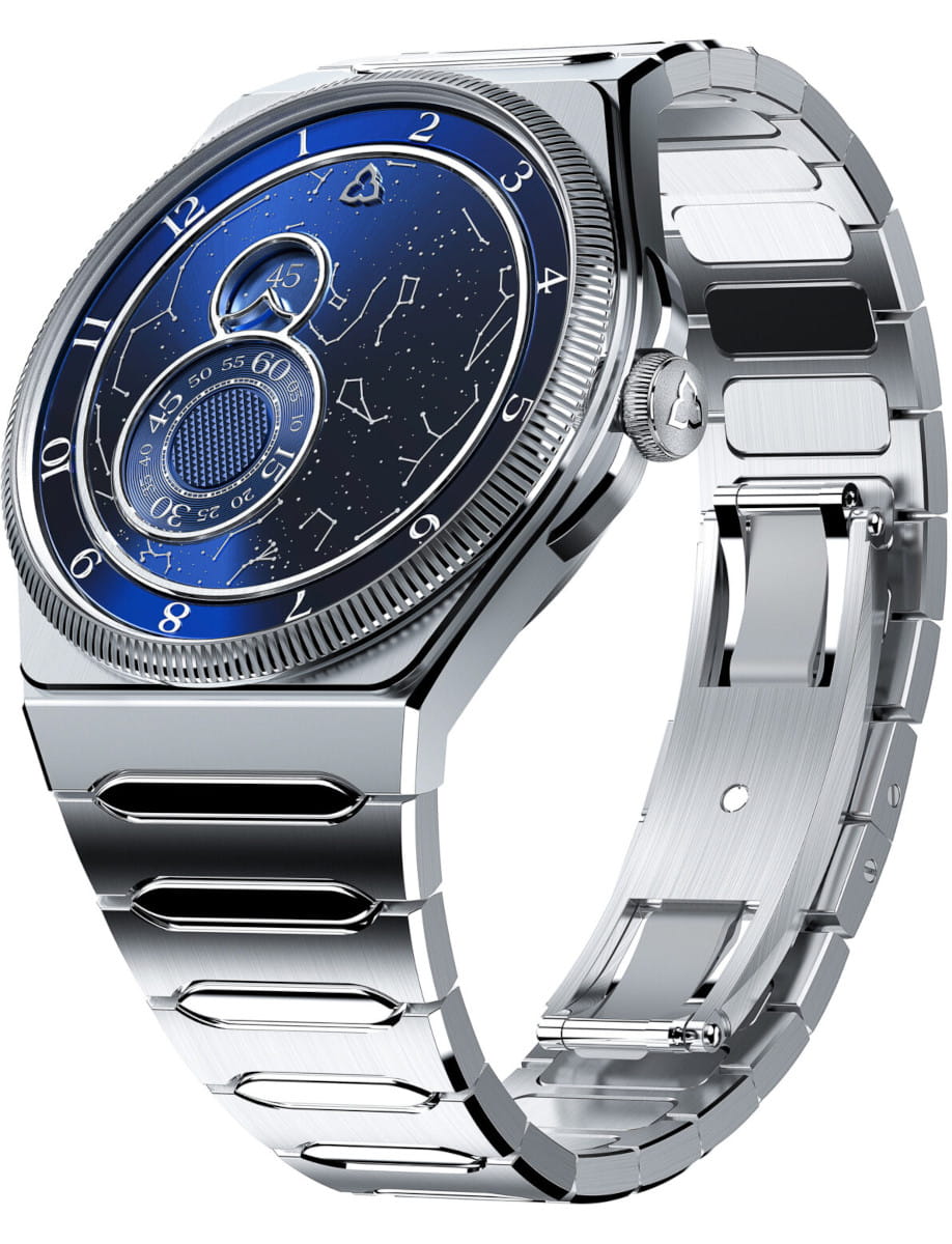 Side view of Trilobe wristwatch with 316L stainless steel automatic watch with a customizable sky, and metal bracelet
