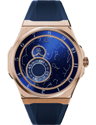 Trilobe wristwatch with 18k rose gold automatic watch with a customizable sky and blue rubber strap.