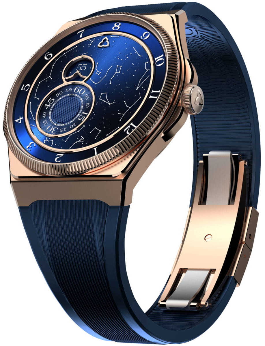 Side view of Trilobe wristwatch with 18k rose gold automatic watch with a customizable sky and blue rubber strap.