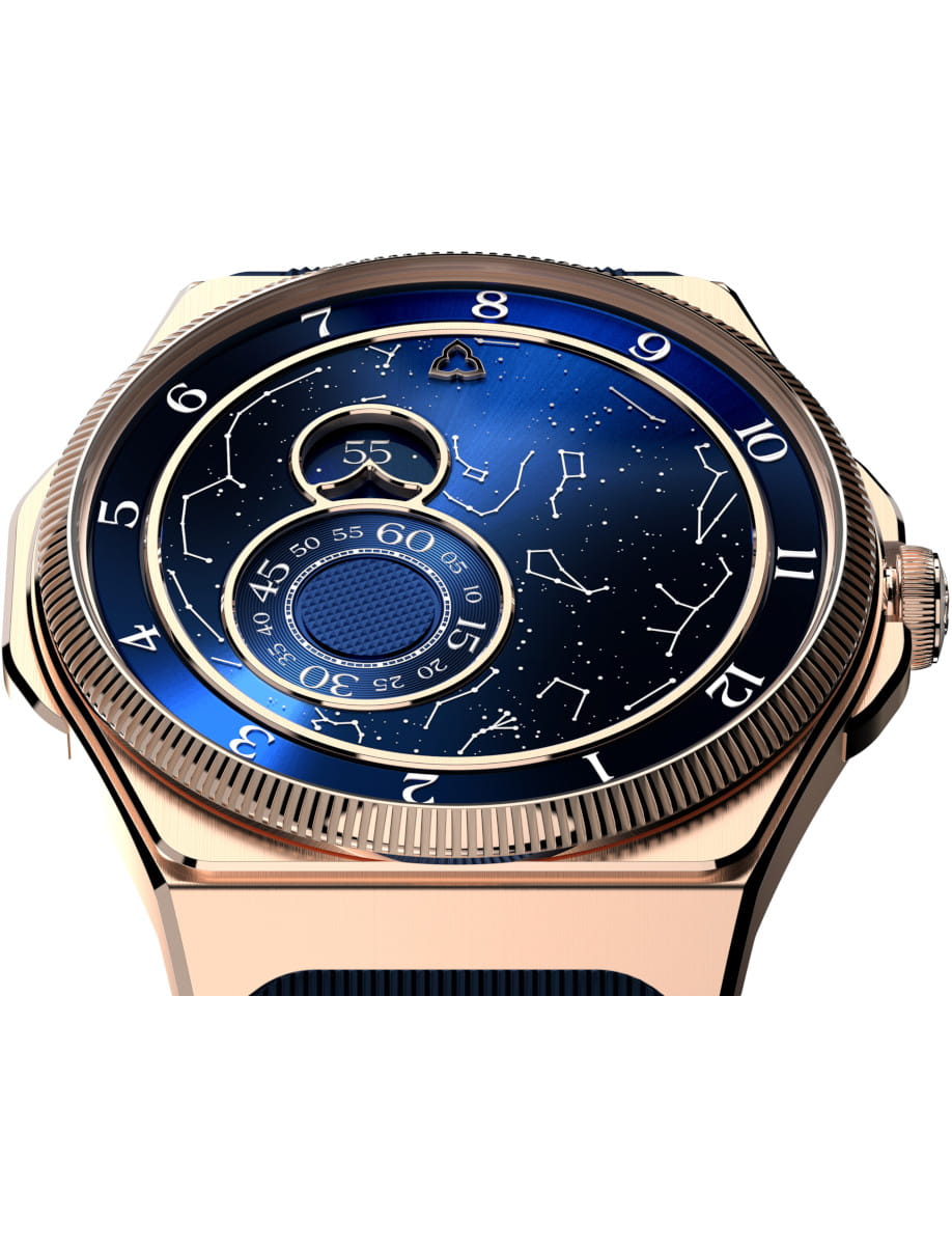 Close view of Trilobe wristwatch with 18k rose gold automatic watch with a customizable sky and blue rubber strap.