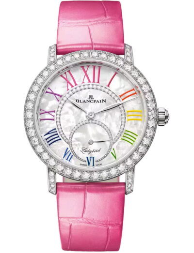Blancpain Ladybird Colors wristwatch with white gold case, Mother-of-pearl set with diamonds, white Mother-of-pearl set with diamonds dial, and pink leather strap.