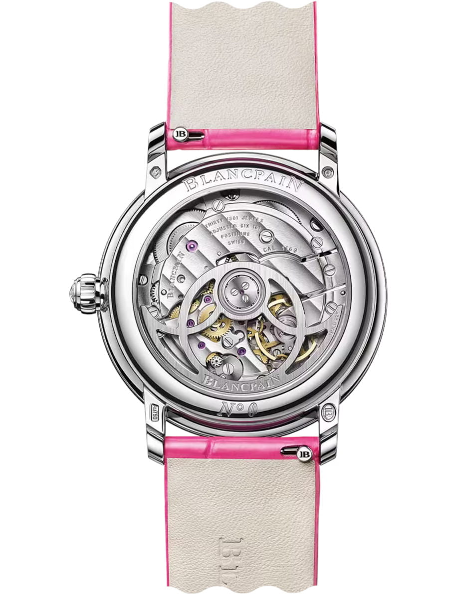 Back view of Blancpain Ladybird Colors wristwatch with white gold case, open case back, and pink leather strap.