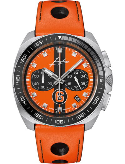 Junghans 1972 Chronoscope Sports Edition 2026 wristwatch with stainless steel case, matt orange dial with black vertical double stripe, and orange leather strap.
