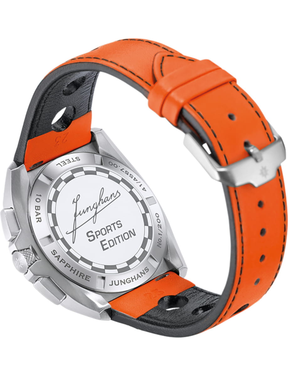 Back view of Junghans 1972 Chronoscope Sports Edition 2026 wristwatch with stainless steel case, matt orange dial with black vertical double stripe, and orange leather strap.