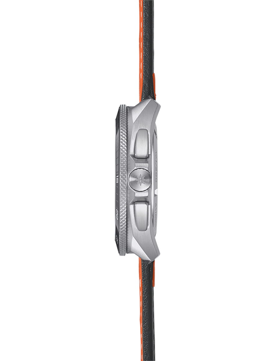 Side view of Junghans 1972 Chronoscope Sports Edition 2026 wristwatch with stainless steel case, matt orange dial with black vertical double stripe, and orange leather strap.