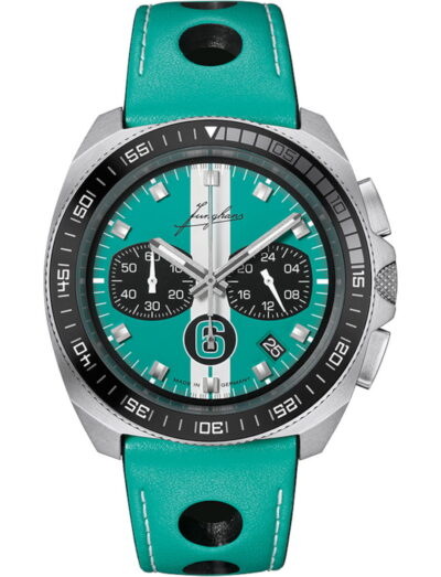 Junghans 1972 Chronoscope Sports Edition 2026 wristwatch with stainless steel case, matt turquoise dial with black vertical double stripe, and turquoise leather strap.