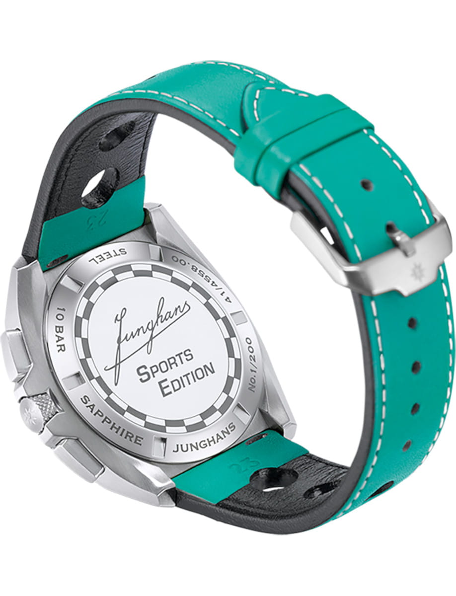 Back view of Junghans 1972 Chronoscope Sports Edition 2026 wristwatch with stainless steel case, matt turquoise dial with black vertical double stripe, and turquoise leather strap.