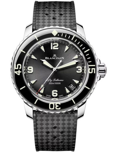 Blancpain Fifty Fathoms Automatique wristwatch with stainless steel case, sunburst black dial, and rubber strap.