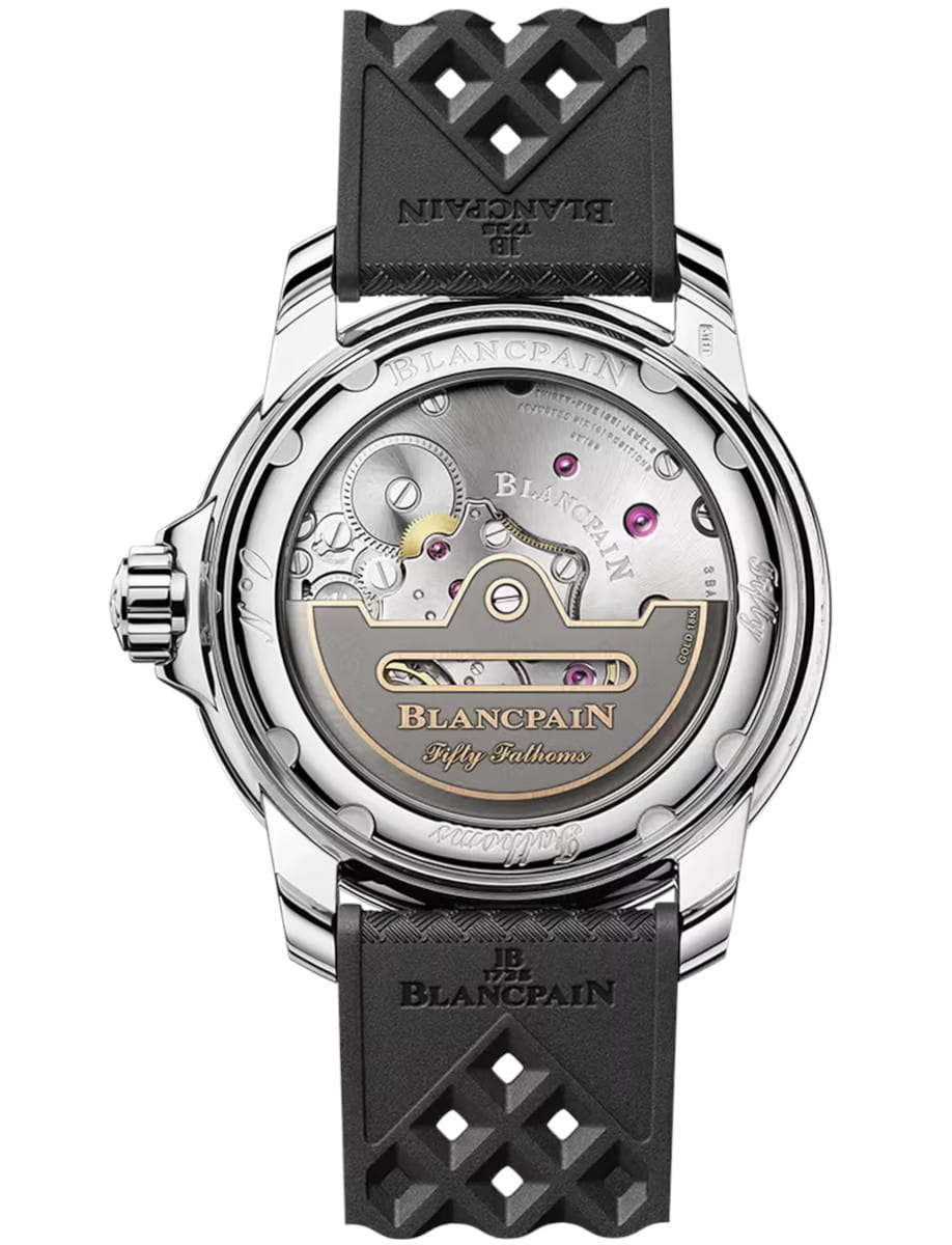 Back view of Blancpain Fifty Fathoms Automatique wristwatch with stainless steel case, open case back, and rubber strap.
