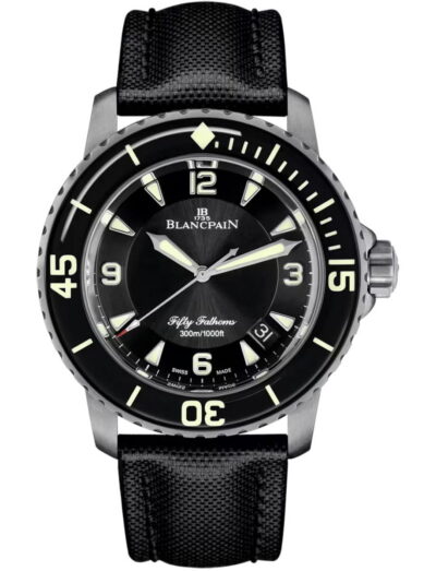 Blancpain Fifty Fanthoms Automatique wristwatch with titanium case, sunburst black dial, and sail-canvas rubber strap.