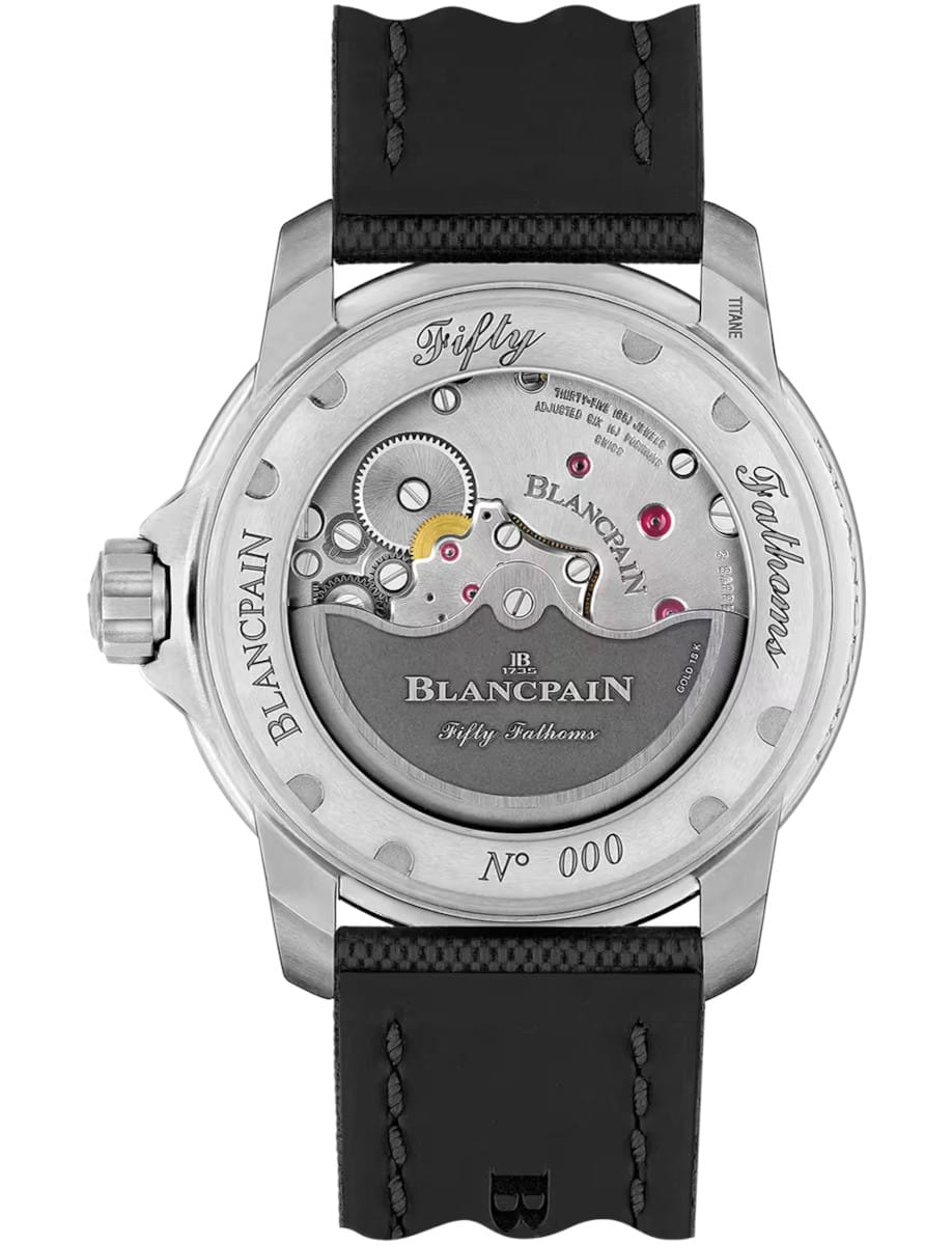 Back view of Blancpain Fifty Fanthoms Automatique wristwatch with titanium case, sunburst black dial, and sail-canvas rubber strap.