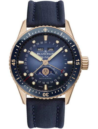 Blancpain Bathyscaphe Quantième Complet Phases de Lune wristwatch with red gold case, sunburst blue with subtly graduated coloring dial, and blue sail-canvas strap.