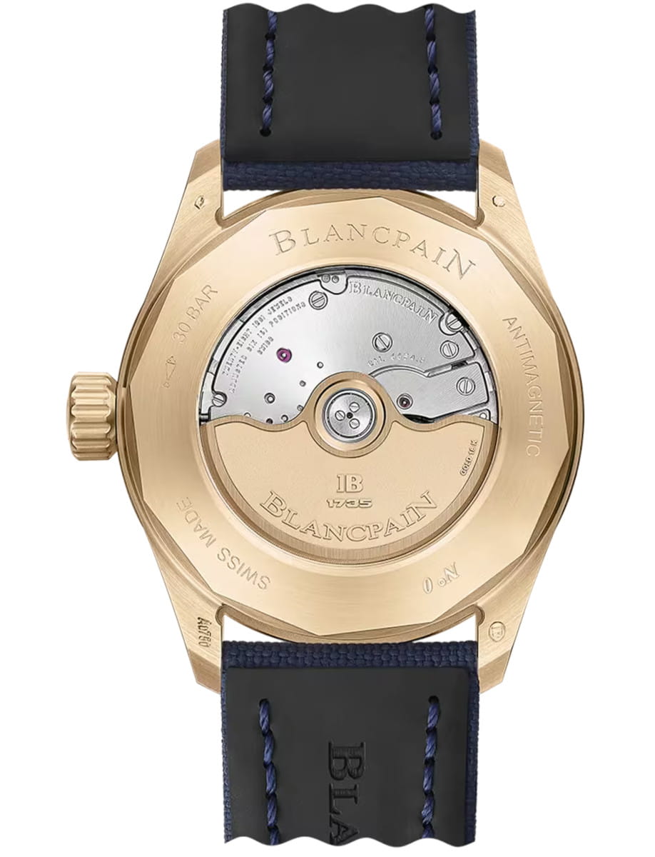 Back view of Blancpain Bathyscaphe Quantième Complet Phases de Lune wristwatch with red gold case, semi-transparent case back, and blue sail-canvas strap.