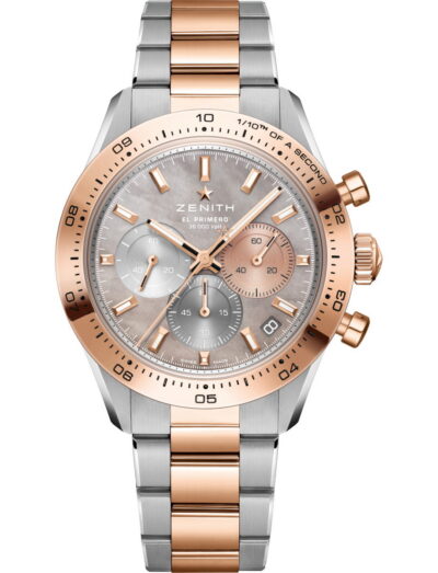 Zenith Chronomaster Sport wristwatch with stainless steel and 18k rose gold case and bracelet, mother-of-pearl dial with three different-coloured counters.