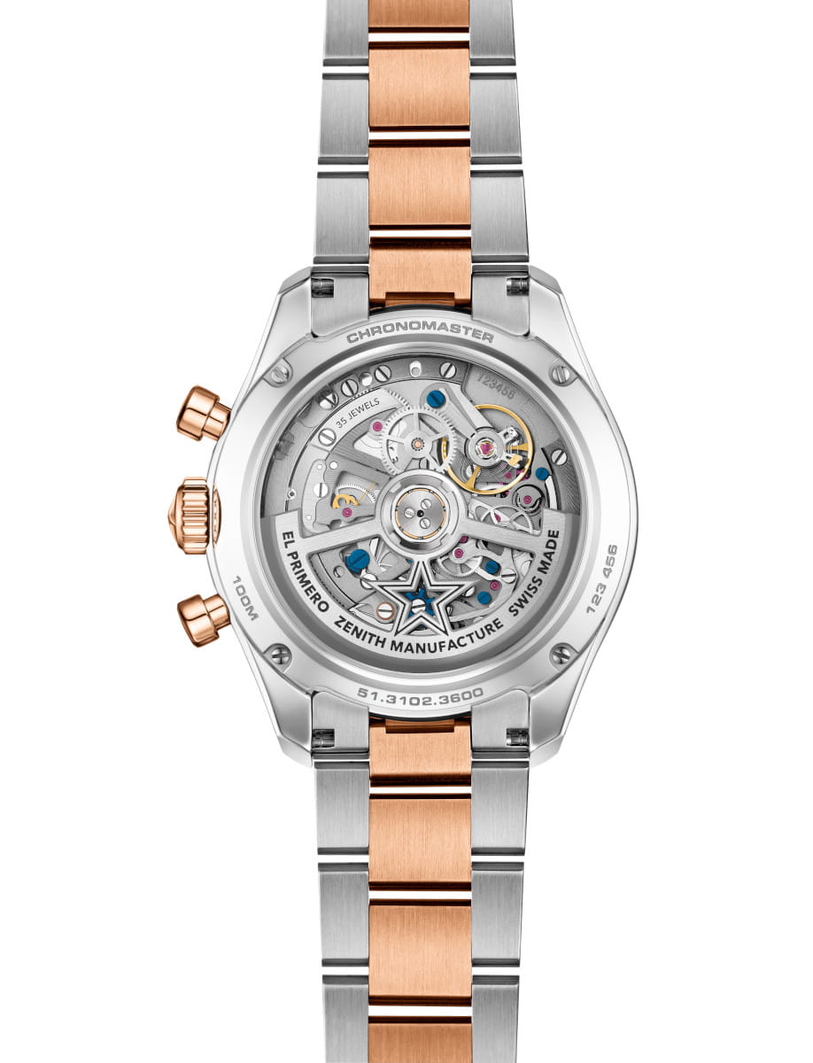 Back view of Zenith Chronomaster Sport wristwatch with stainless steel and 18k rose gold case and bracelet, and transparent case back.