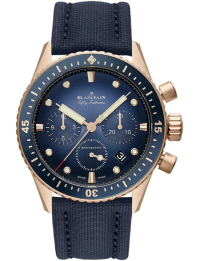 Blancpain Bathyscaphe Chronographe Flyback wristwatch with red gold case, sunburst blue with subtly graduated coloring dial, and blue sail-canvas strap.
