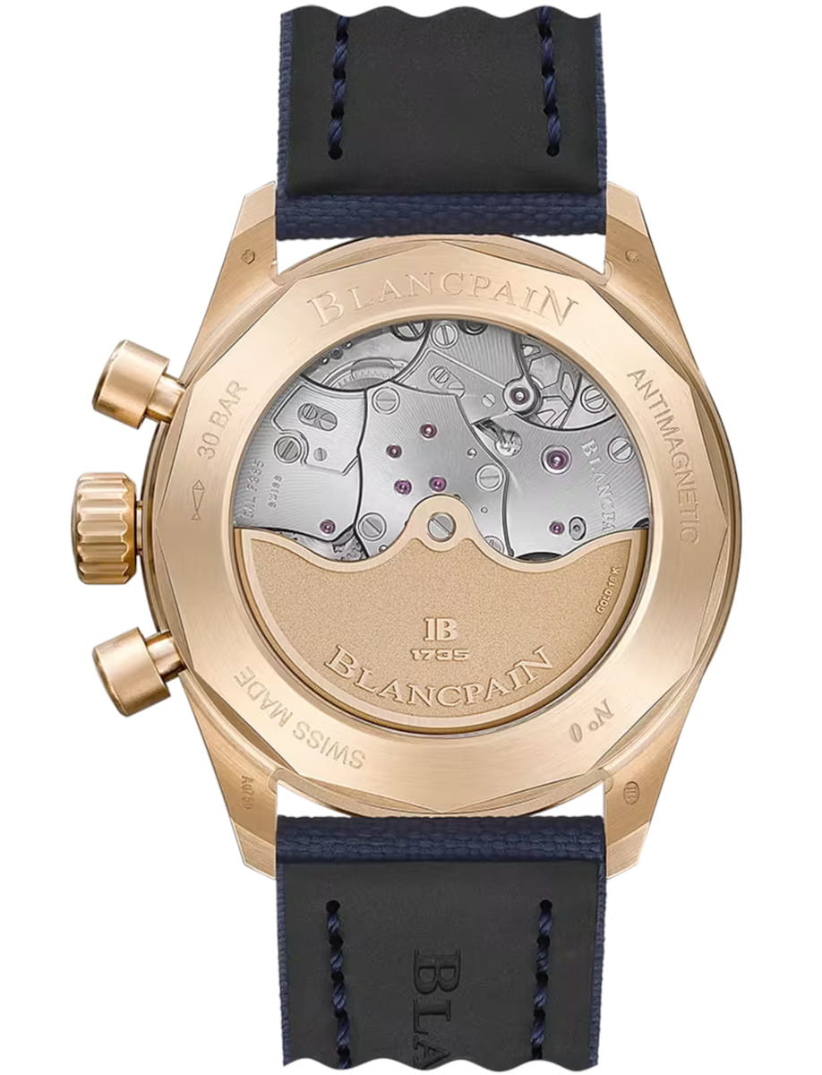 Back view of Blancpain Bathyscaphe Chronographe Flyback wristwatch with red gold case, semi-transparent caseback, and blue sail-canvas strap.