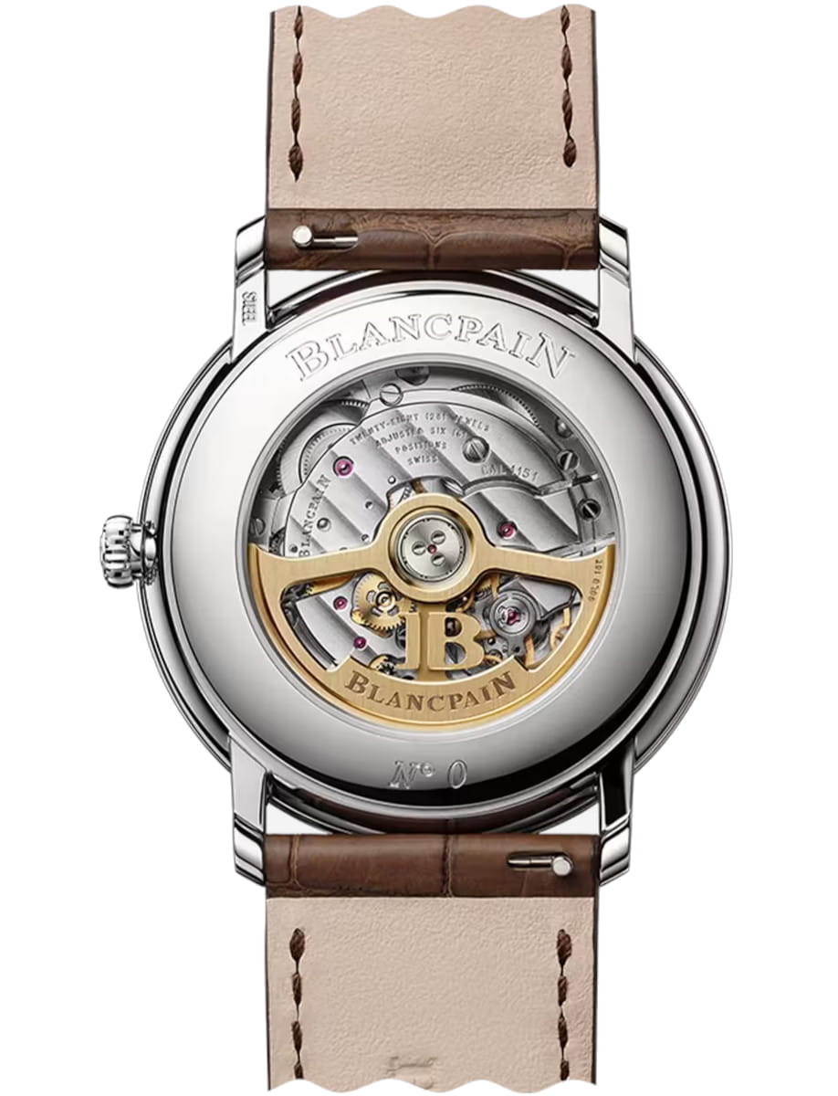 Back view of Blancpain Villeret Extraplate wristwatch with stainless steel case, open case back, and brown leather strap.