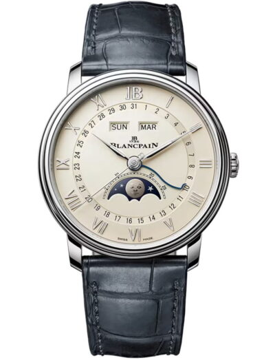 Blancpain Villeret Quantième Complet wristwatch with stainless steel case, opaline dial, and alligator leather strap.