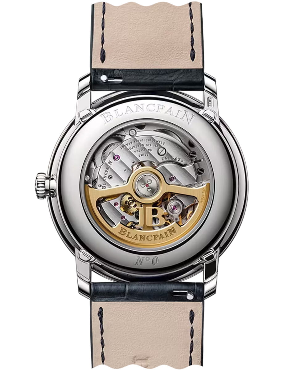 Back view of Blancpain Villeret Quantième Complet wristwatch with stainless steel case, open case back, and alligator leather strap.