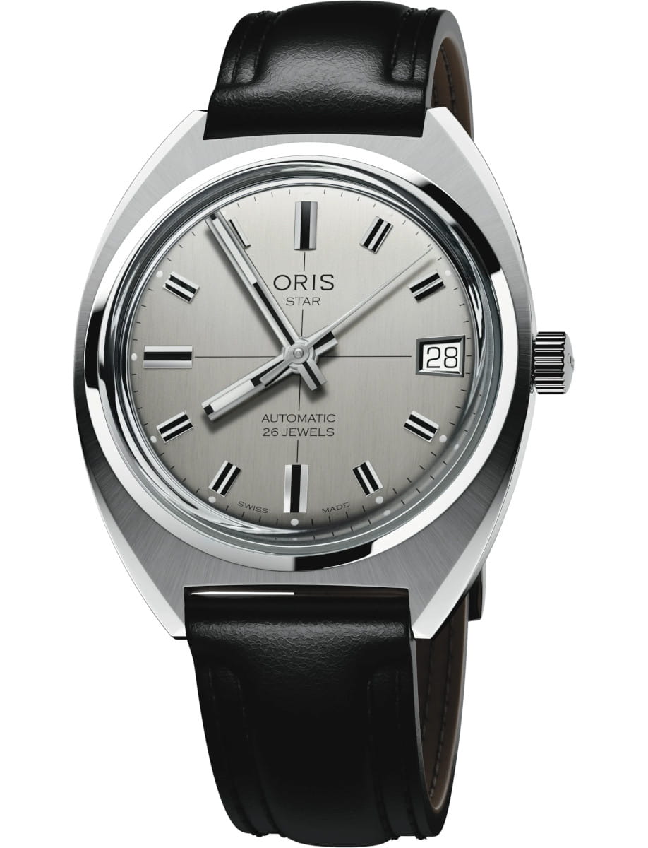 Side view of Oris wristwatch with stainless steel case, silver dial, and black leather strap.